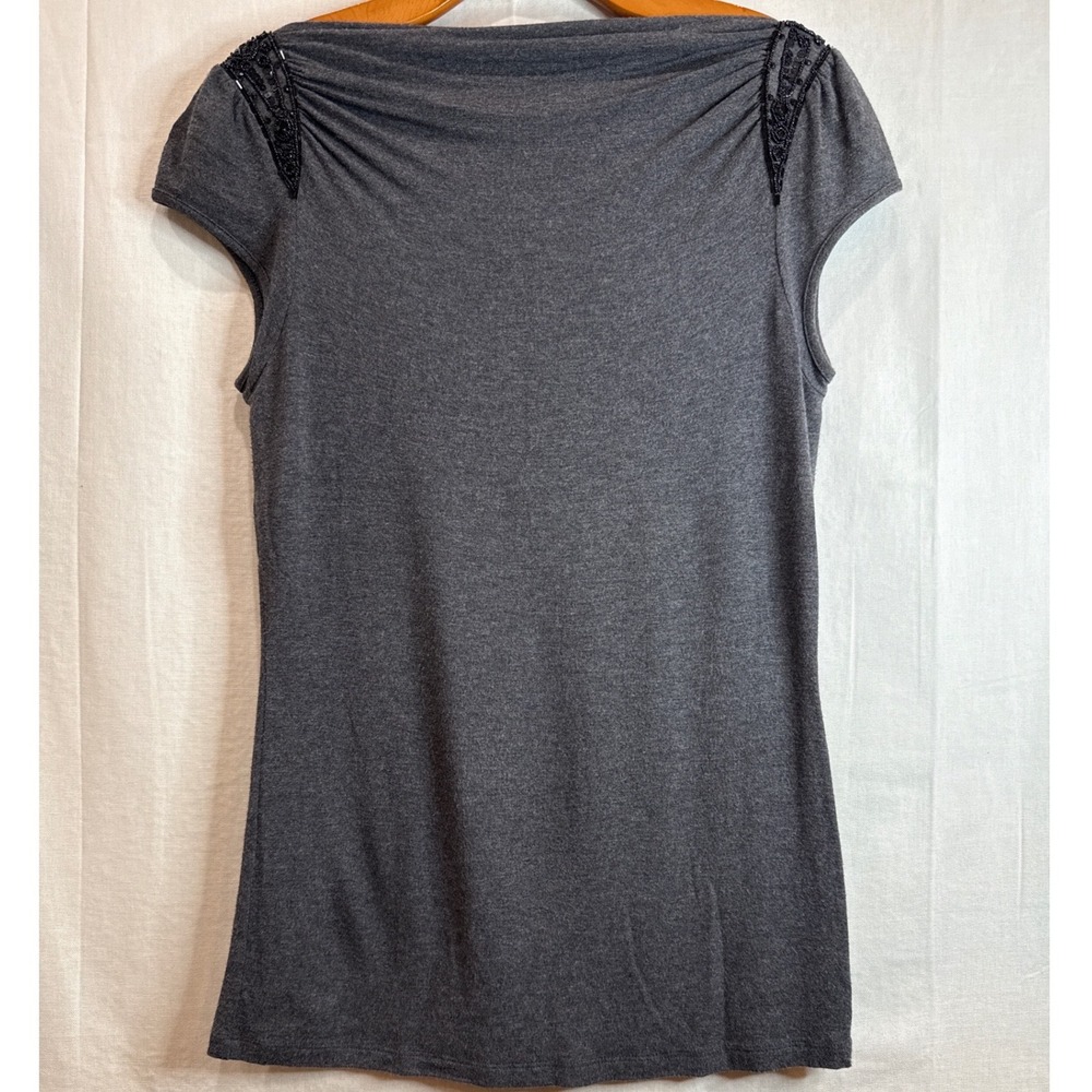 Saks Fifth Avenue Gray Beaded Shoulder Boat Neck Top Womens Small Charcoal Gray